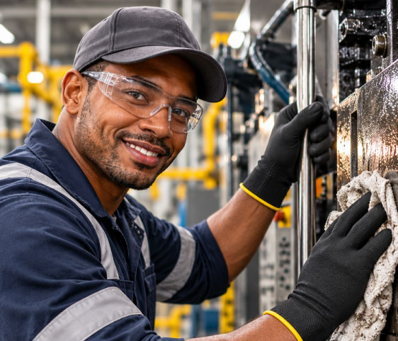Trabajador industrial usando guantes de protección
